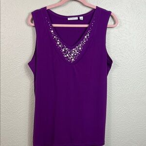 Susan Graver Purple Sleeveless Embellished V-Neckline  Top Large